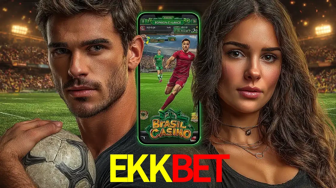 Homem segurando uma bola de futebol e uma mulher ao lado de um smartphone exibindo o jogo de apostas esportivas da EKKBET. Faça seu palpite no cassino online.